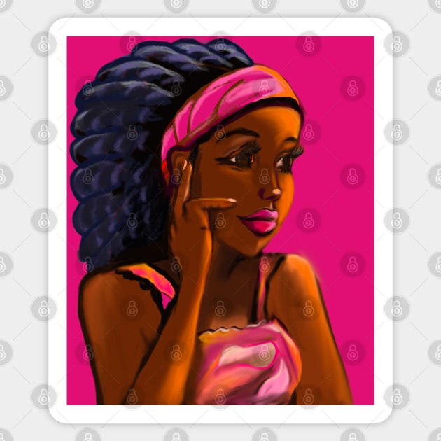 Afro queen in pink headband - Mahagony brown skin girl with thick glorious afro dreadlocks in her hair Sticker by Artonmytee